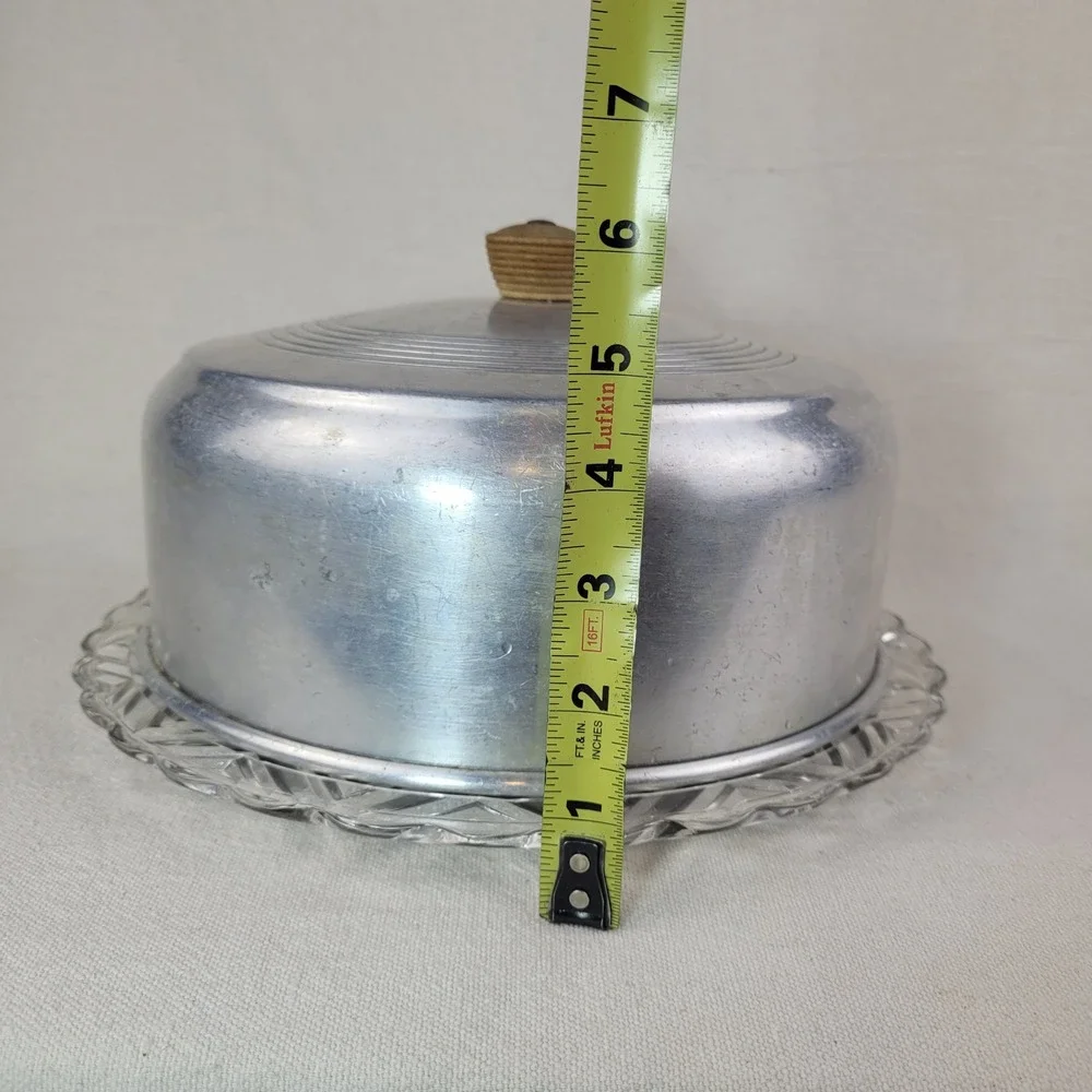Vintage Spun Aluminum Cake Carrier Dome with Pressed Glass Platter Base Set